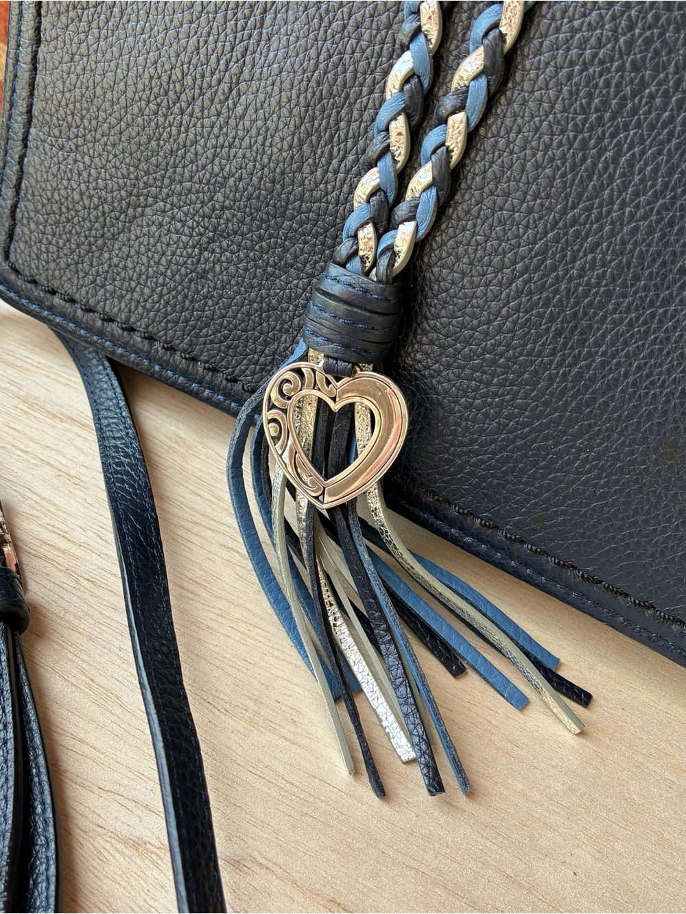 Brighton Barbados City Organizer Crossbody Black Braided Tassel Heart Charm - Picture 2 of 7